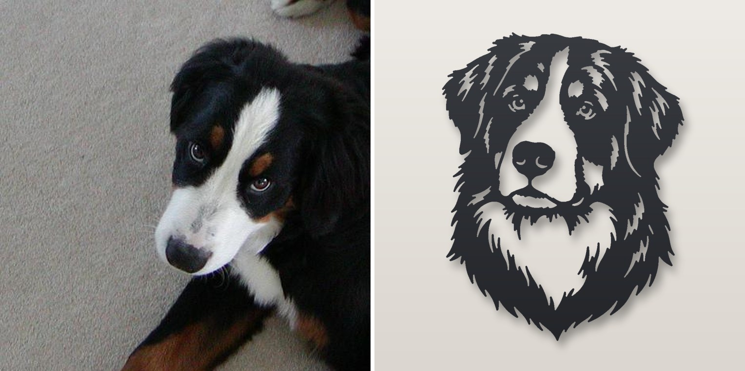 Bernese Mountain Dog photo next to its plasma-cut steel sign