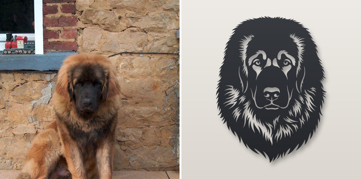Leonberger photo next to its plasma-cut steel sign