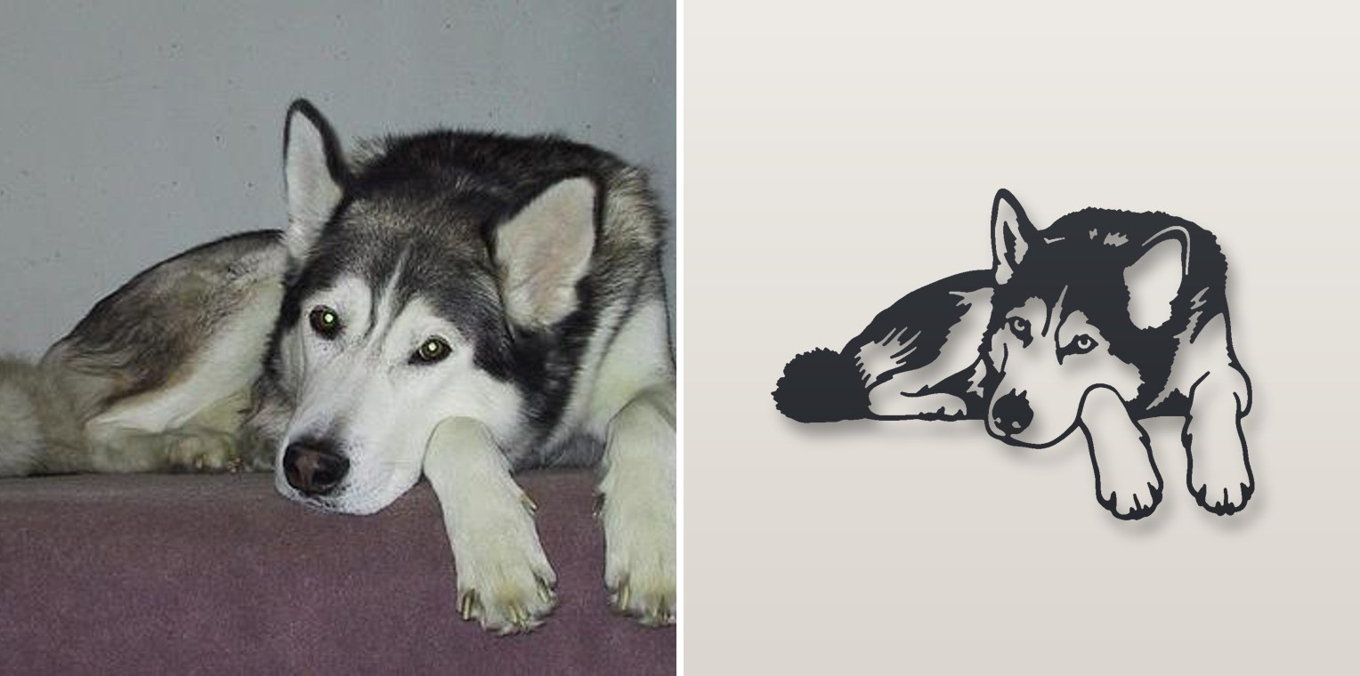 Alaskan Malamute photo next to its plasma-cut steel sign
