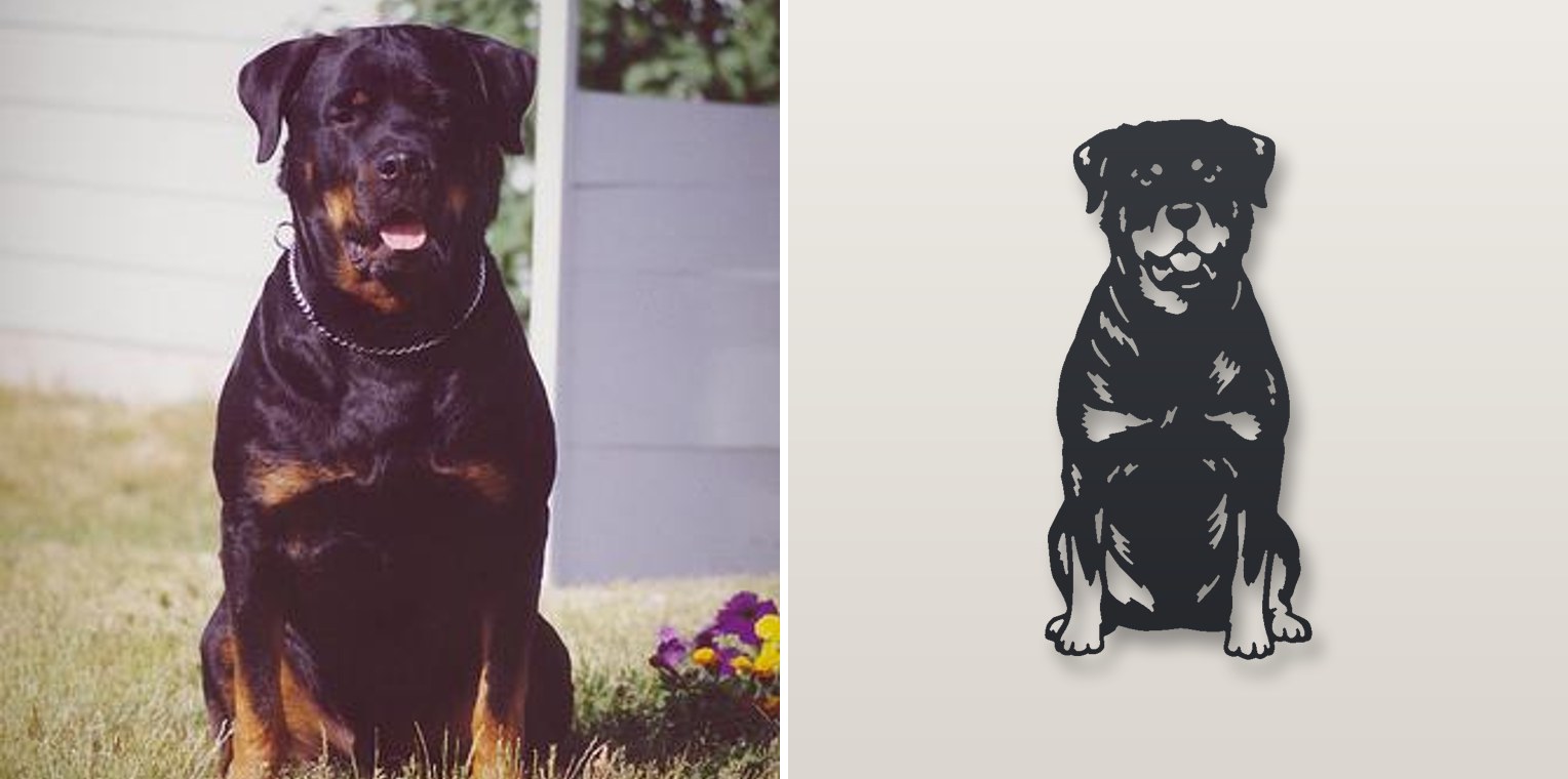 Rottweiler photo next to its plasma-cut steel sign